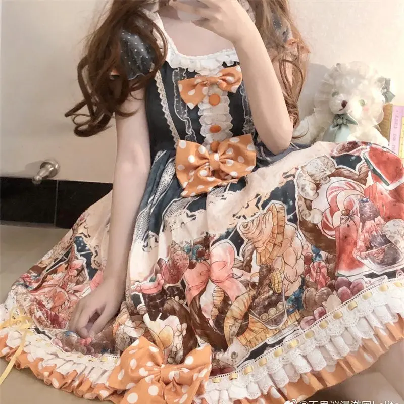 Japan Dessert House Sweet Women's Lolita JSK OP Dress Short Sleeve Long Sleeve Dress Cute Puffy Sleeve Lace Bows Trim Dress