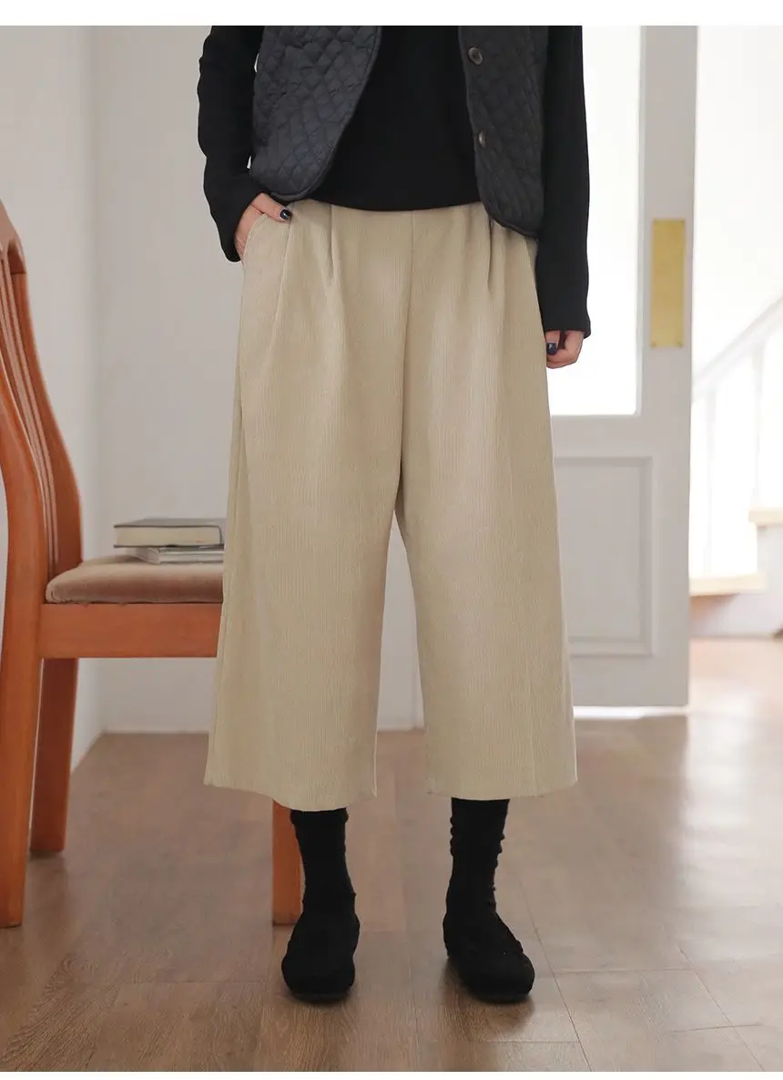 

Early Autumn New Corduroy Women Retro Elastic High Waist Loose Casual Wide-leg Pants