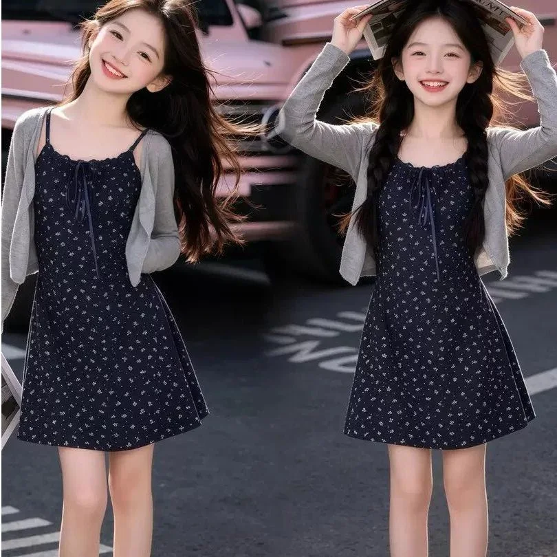 Girls Summer Strapless Floral Long Dress Sun Protection Jacket Two Piece Set 2026 New Middle Big Kids Korean Rural Style Set