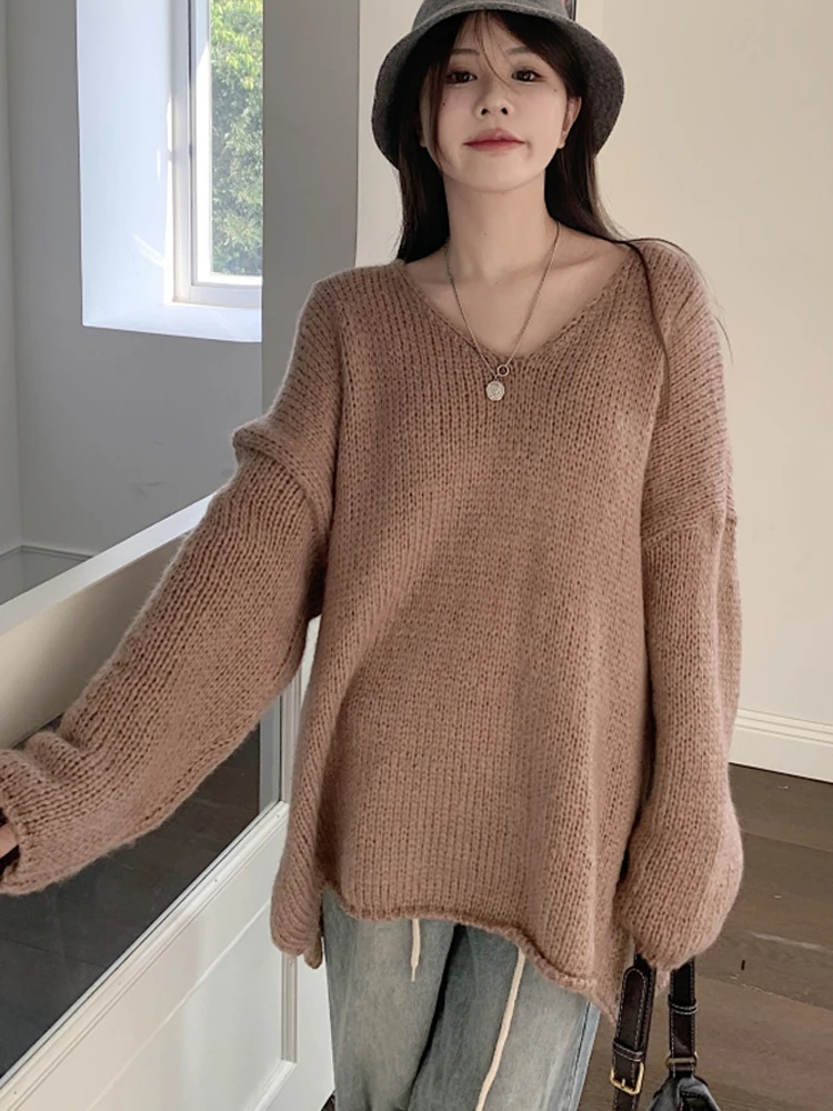 Korean New Women's knitting Sweater pullover Split on both sides 2022 Autumn Winter Female Fashion All-Match V-Neck Long Sleeves