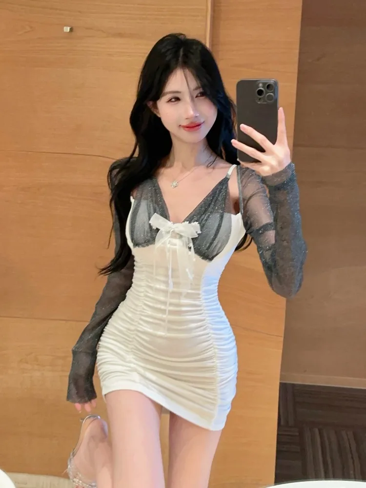 

Shiny Mesh Splice Strap Short Skirt Women's Fashionable Tight Dress Autumn Season Long Sleeve Commute Style Brand GZL20260726