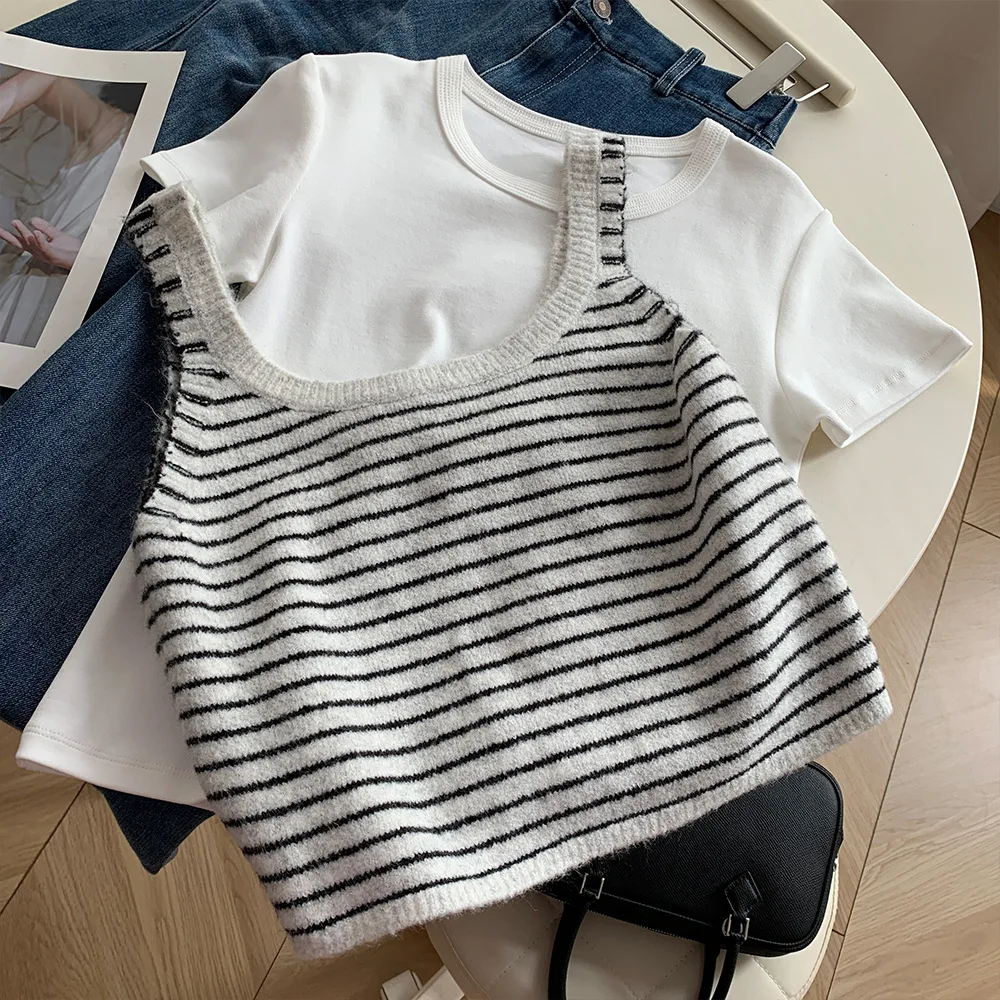 الكورية نمط مخطط محبوك سترة المرأة 2025 الخريف المألوف U الرقبة زرين أكمام ملابس خارجية سترة الإناث تانك القمم #2