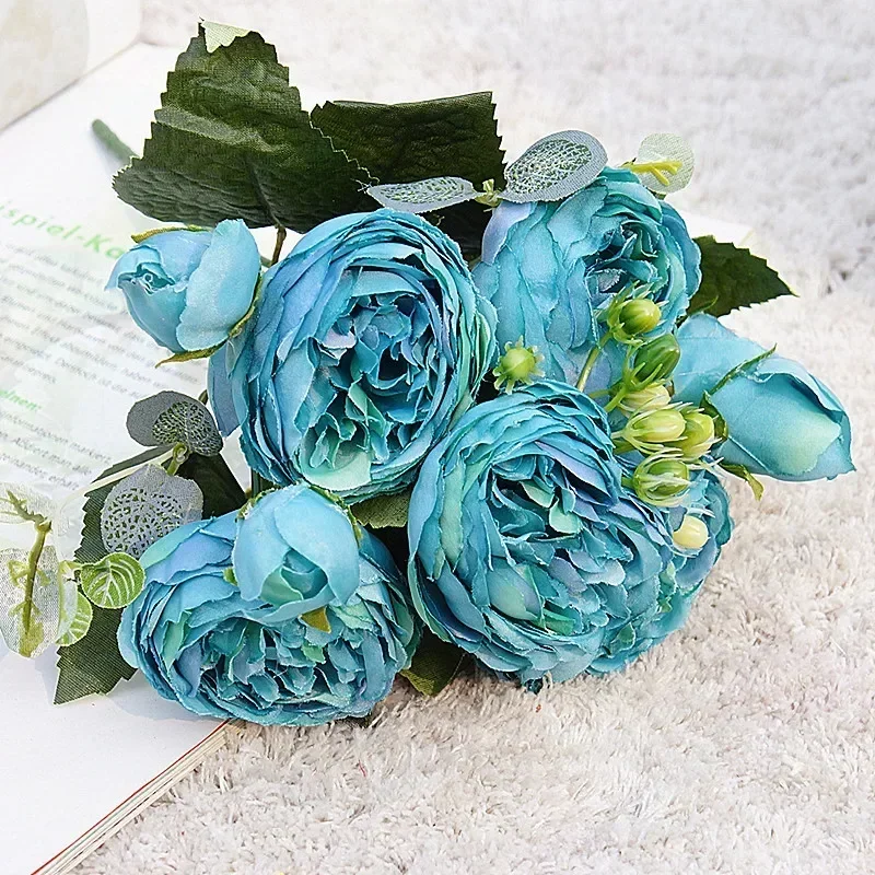 1 Bouquet blau Künstliche Blumen Pfingstrose Tee Rose Herbst Seide Gefälschte Blumen für DIY Wohnzimmer Home Garten Hochzeit Dekoration