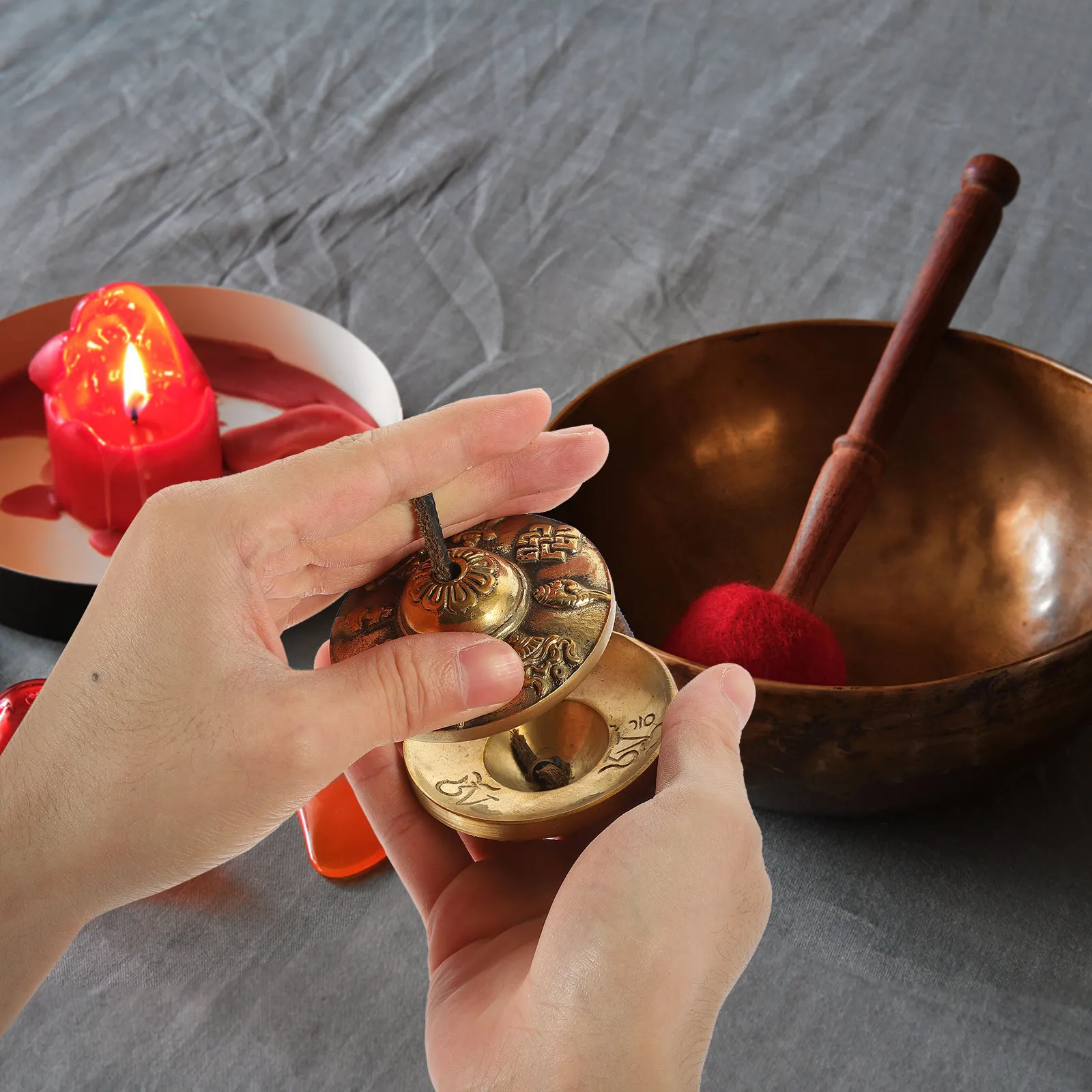 Copper Tibetan Bell Hand Crash Cymbal on String Unique Design Meditation Tool Yoga Class Accessory Small Percussion Instrument
