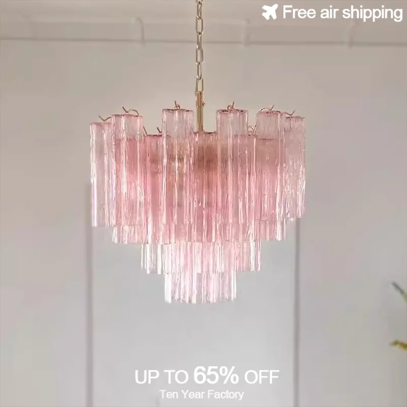 

French Style LED Chandelier with Pink White Glass Tube Design Dimmable Suspension Hanging Lamps for Dining Room Decoration