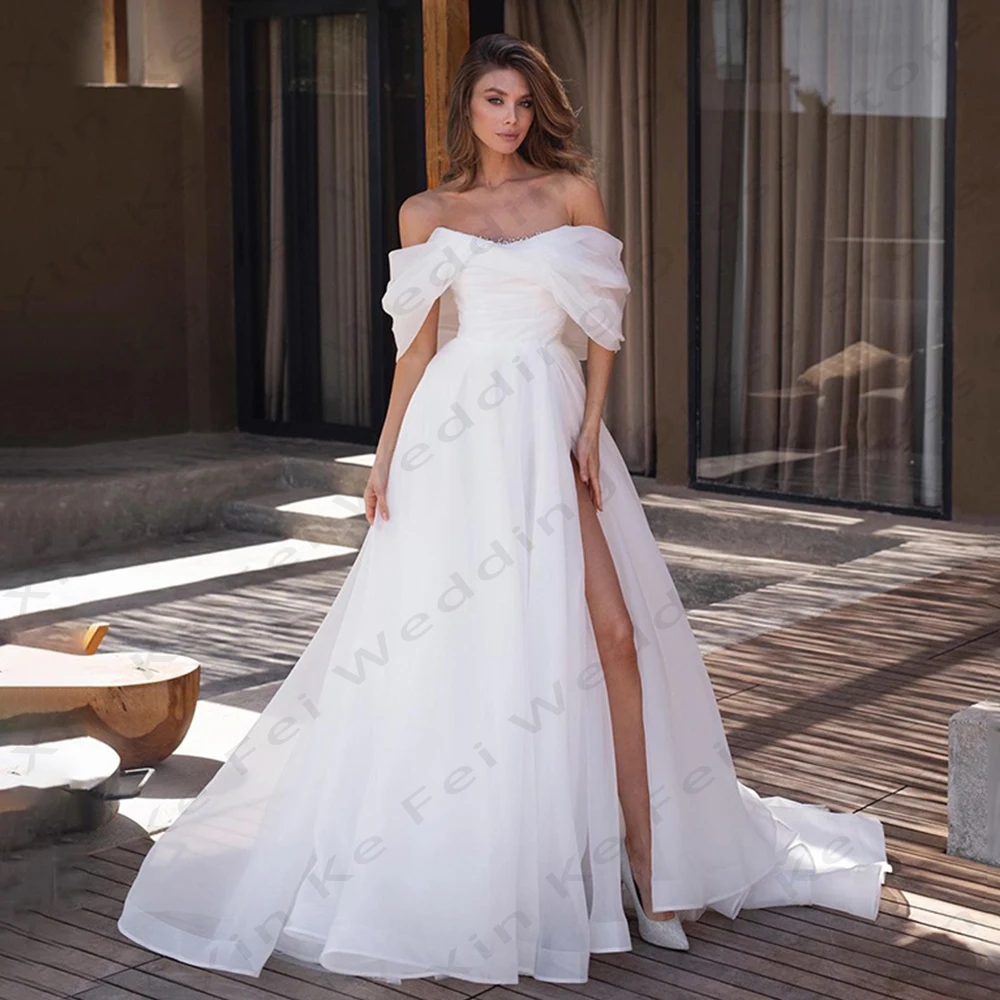 

Simple Women's A-Line Bridal Gowns Sexy Side Split Off Shoulder Princess Wedding Dresses Welcoming Guests Formal Beach Party De