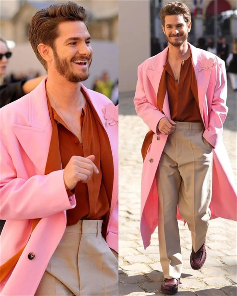 

Pink Men Suit 1 Piece Long Blazer Overcoat Appliqued 3D Flower Wedding Tuxedos Cotton Jacket Formal Office Red Carpet Coat