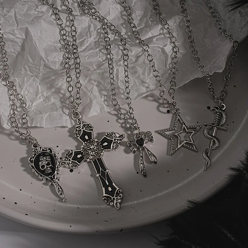 5-piece Gothic necklace set with skull mirror cross, hollow star snake sword pendant, silver thin chain, stackable punk jewelry
