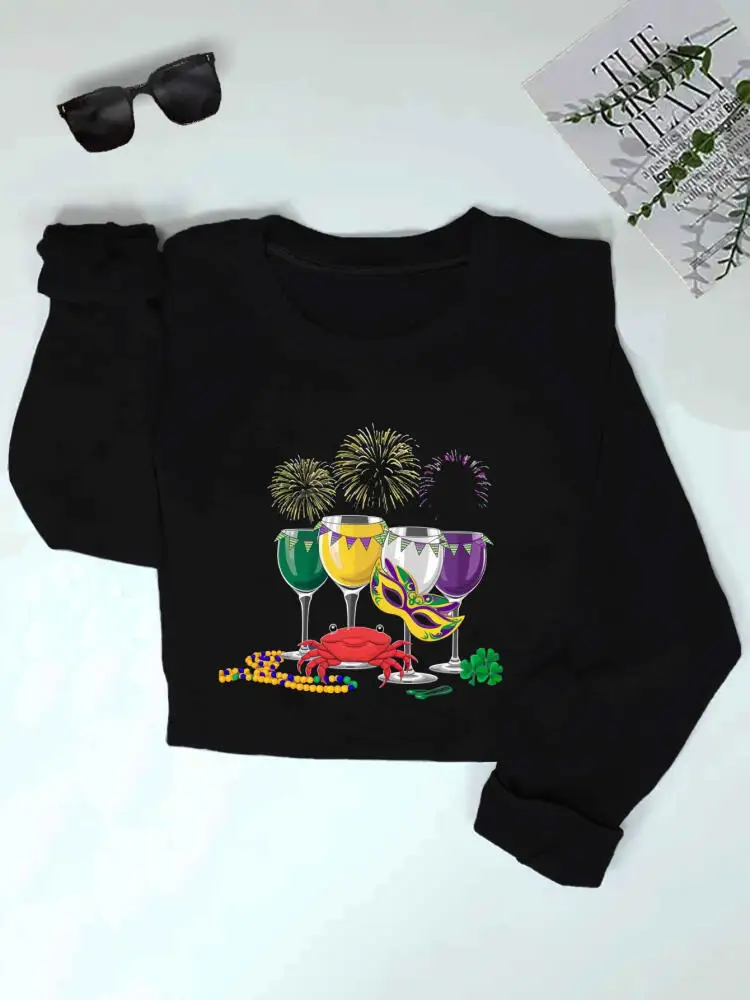 Plus Size Women's Festive Mardi Gras Sweatshirt - Champagne Toast Design, Green Polyester Knit, Round Neck