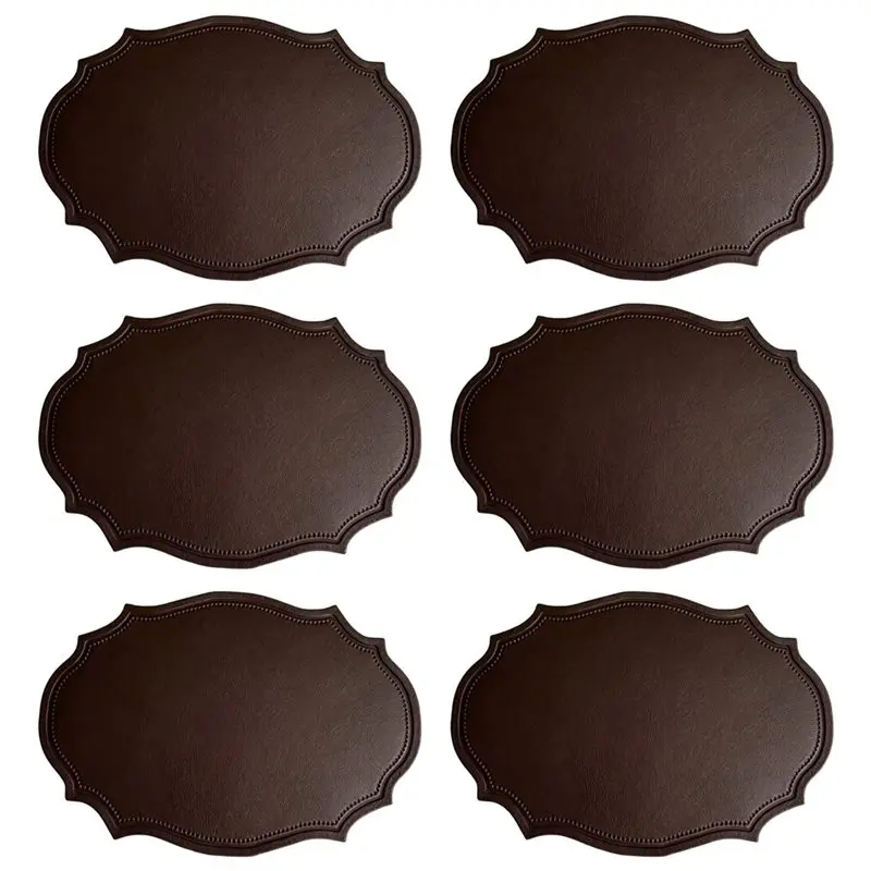 AB66-Double-Texture Faux Leather Oval Placemats Set Of 6 Washable Heat Insulation Mats Watertight And Non-Slip
