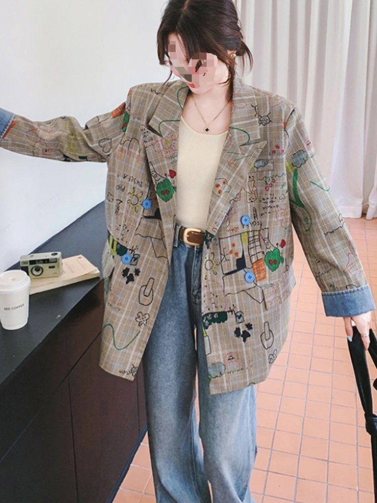 Onecozyday 2025 Primavera e autunno Giacca casual ampia da donna nuova Giacca di media lunghezza Cappotto con stampa graffiti Abbigliamento quotidiano Capispalla