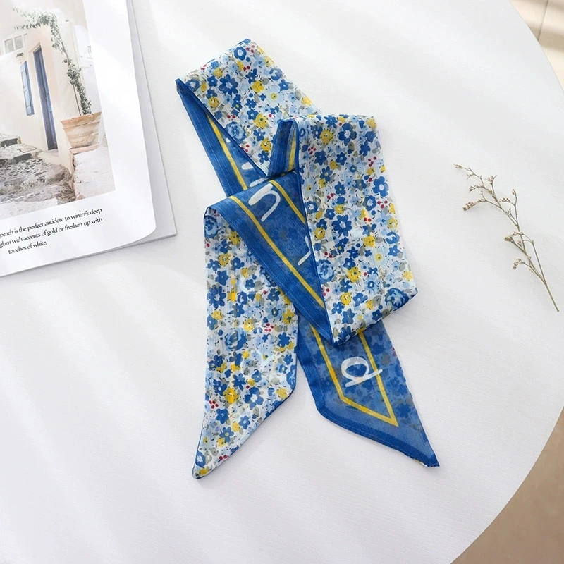 

Summer French retro blue tie hair small floral long silk scarf headband braided hair chiffon thin ribbon scarf
