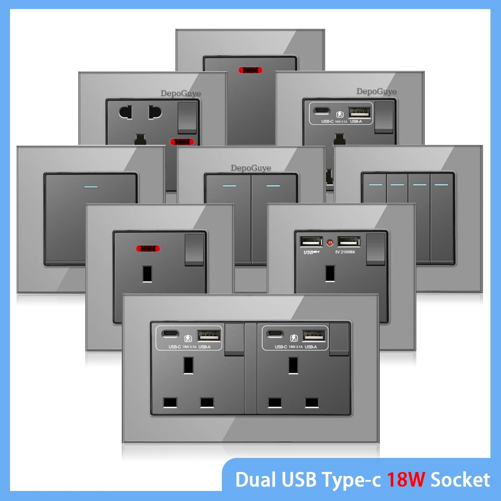 منفذ مزدوج UK 13A 220V مع شحن سريع 18 وات من النوع C، لوحة مفاتيح إضاءة 1/2 طريقة، سطح من الزجاج المقسى، مقبس حائط للتلفزيون/الهاتف #1