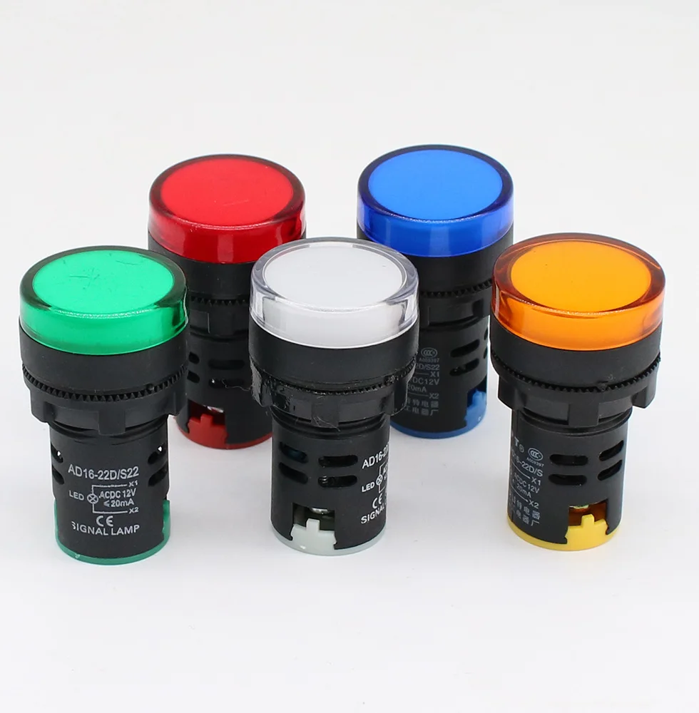 22mm Indicator Light 12V 24V 220V 380V LED Power Indicator Pilot Signal Light AD16-22DS Panel Mount Lamp Multicolor 20mA 4.7