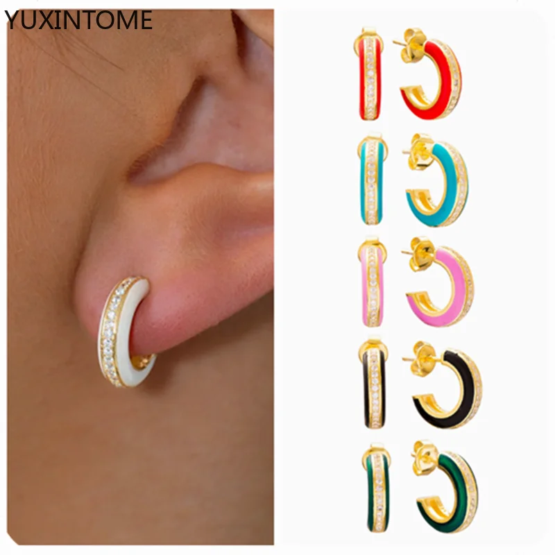 Women's 925 Sterling Silver Ear Needle Micro-paved Zircon Enamel C-shaped Stud Earrings Cute Colorful Earrings Fashion Jewelry