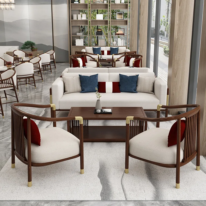 New Chinese sales office Negotiate sofa table and chair combination Hotel lobby Club reception room High-end card seat furniture