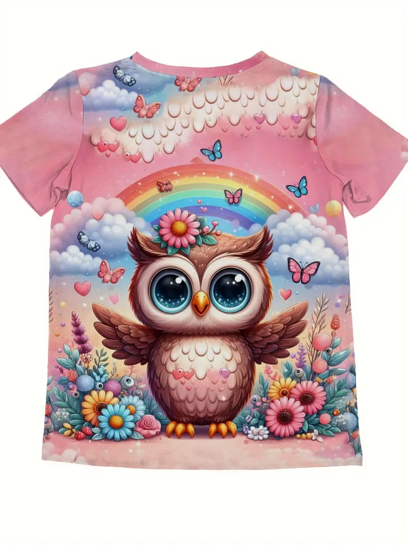 2024 New Kawaii Women\'s T-shirt Owl Print Plus Size Top Women\'s Trending Clothes Fashion Short Sleeve Shirt Crew Tee Summer