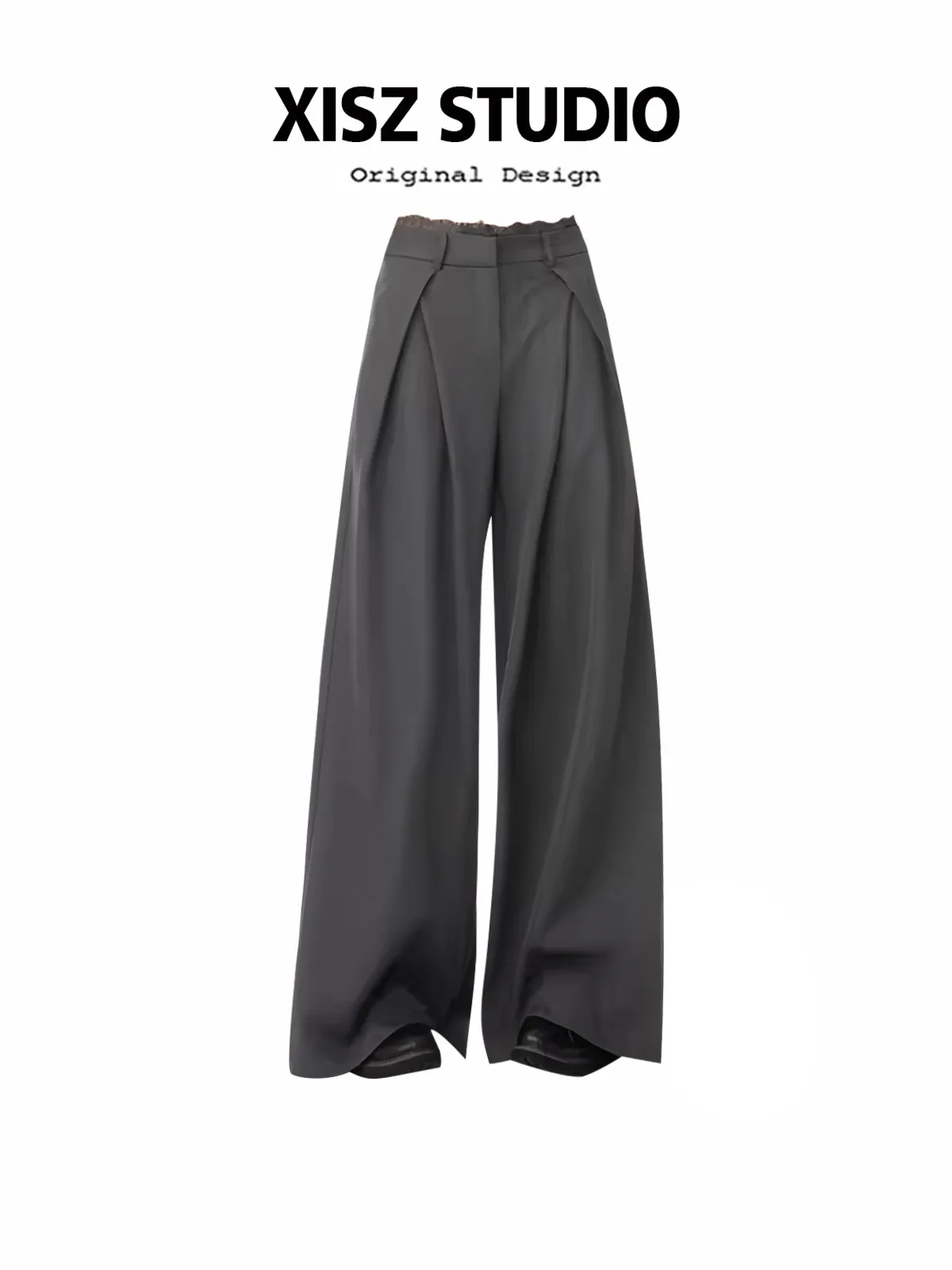 Autumn Women's Pleated Front Wide Leg Pants Cleanfit Grey Solid Low Waist Dressy Trousers Unisex Office Work Casual Clothes
