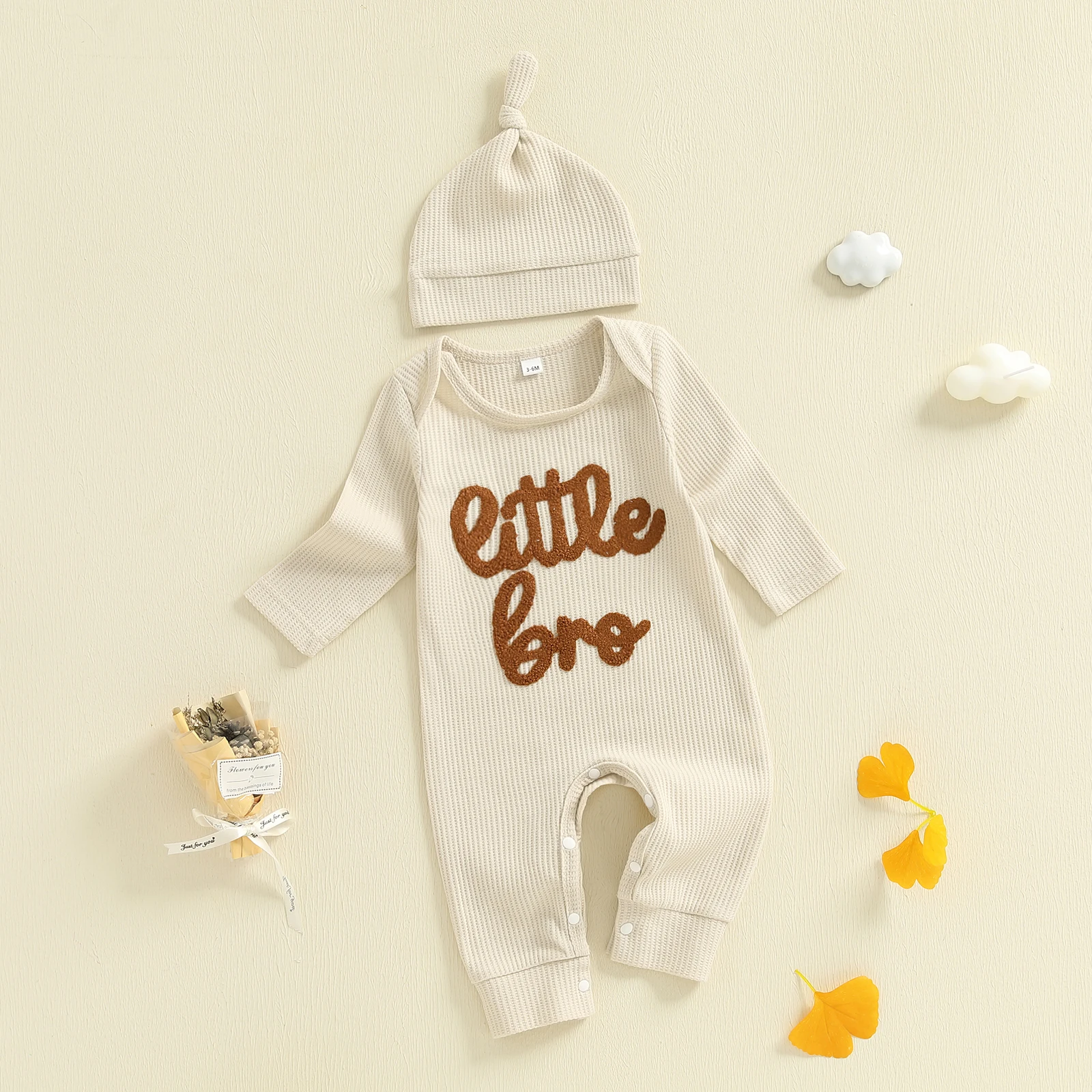 Baby Boy Fall Waffled Romper Letter Embroidery Long Sleeve Round Neck Jumpsuit with Hat