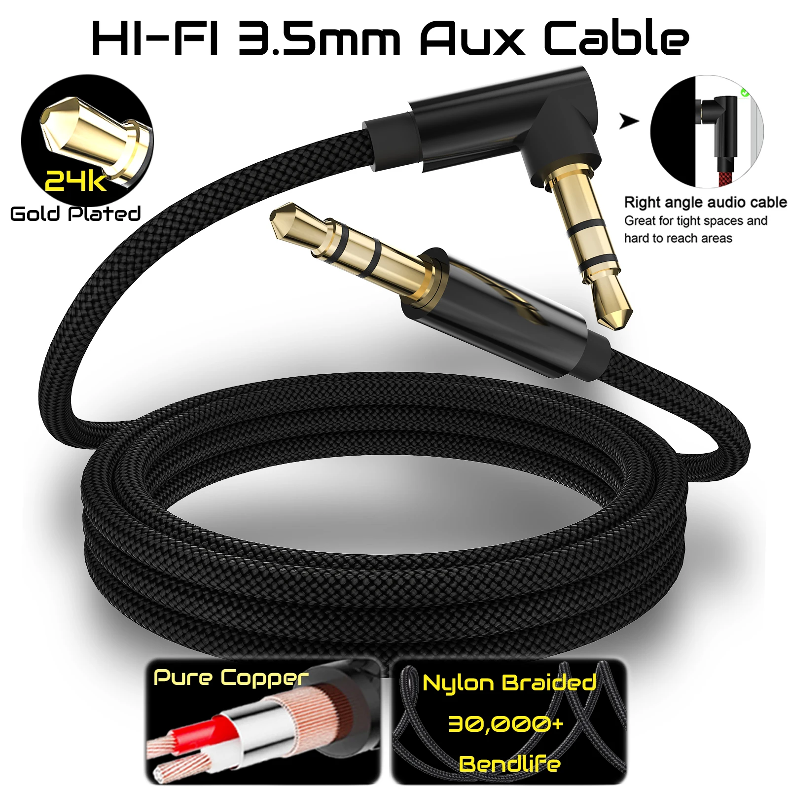 90 Degree Right Angle 3.5mm Audio Cable Stereo Aux Cord Compatible with iPhone iPod Tablets MP3 Speakers 24K Gold Plated