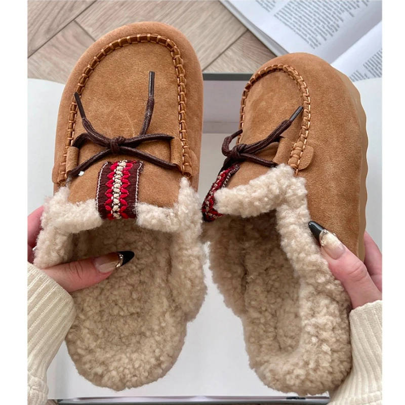 2025 Winter New Casual Fashion Women's Shoes Bow Lamb Wool Thick-soled Slippers Women's Flat Warm Mules Plush Cotton Flip-flops