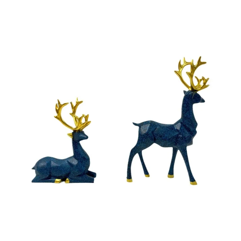 Christmas Couple Reindeer Statues Set Golden Antlers Blue Marble Texture Lucky Deer Figurines Home Decor Living Room Tv Cabinet