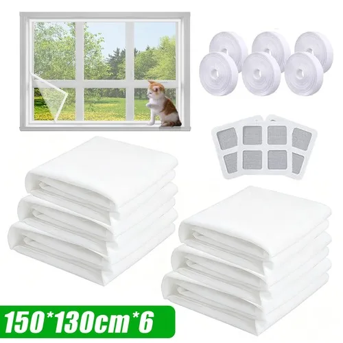 Lot de 6 moustiquaires anti-moustiques pour fenêtre, moustiquaire autocollante de remplacement, rideau barrière anti-insectes lavable et réutilisable pour la maison, la chambre et les fenêtres de balcon