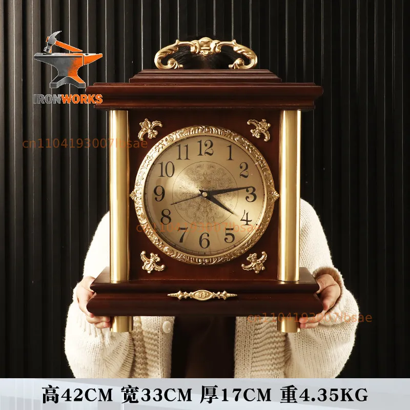 Solid wood   Living room desktop  Silent desk   Brass ornament Desktop quartz clock Retro pendulum