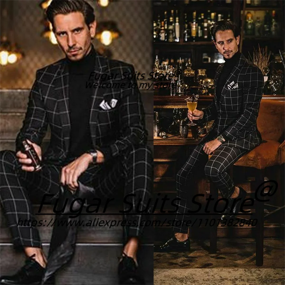 Black Plaid Formal Men Suits Handsome Slim Fit Peak Lapel Groom Prom Tuxedos 2 Pieces Sets Business Male Blazers Costume Homme