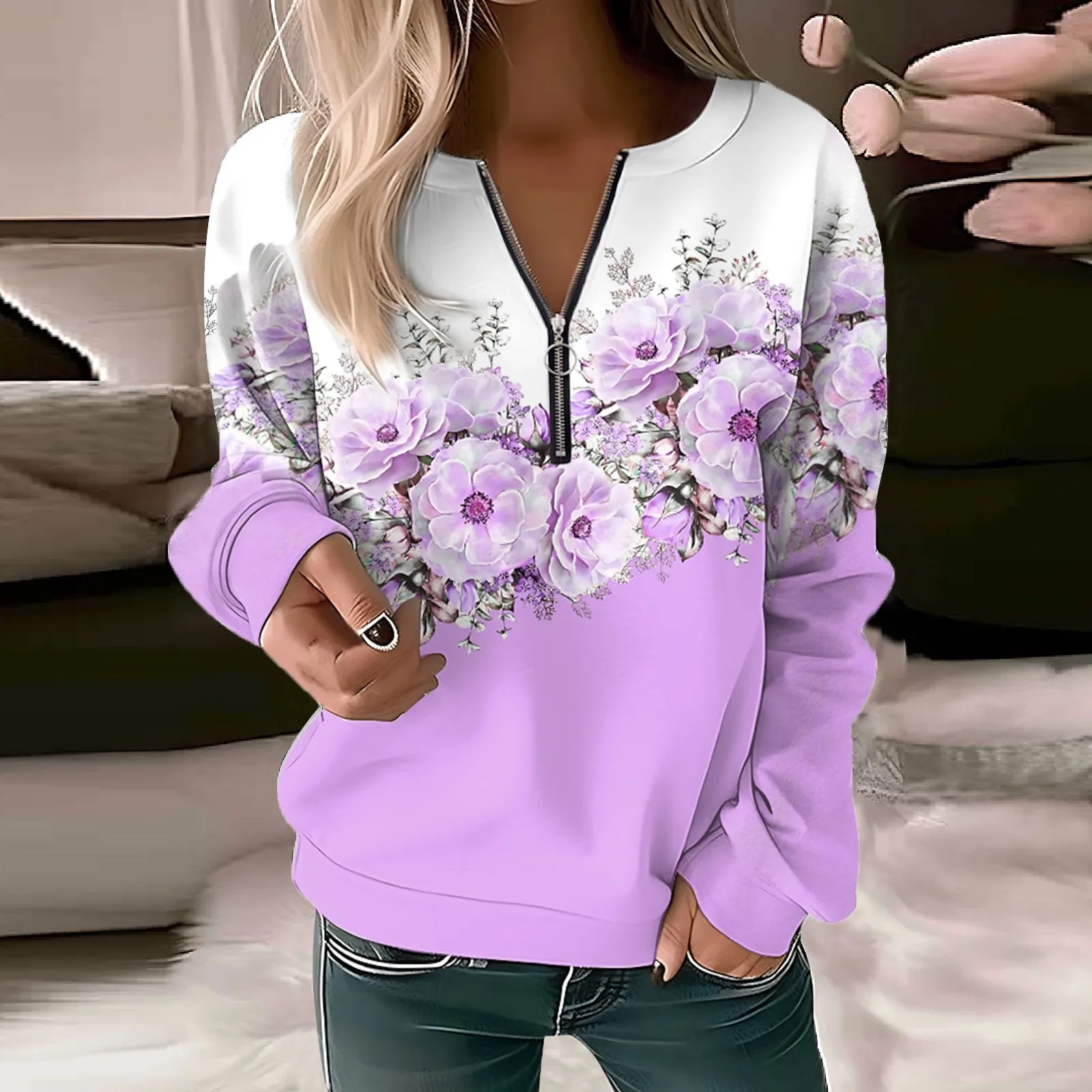 Women's Fashionable And Minimalist Flower Temperament Artistic Long Sleeved Round Neck Casual Zipper Autumn TopWF4