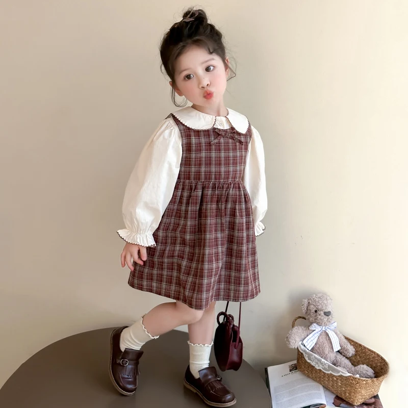 Kariertes Kleid-Set für Mädchen, Frühling und Herbst 2022, neue stilvolle Mode, langärmeliges Baby-Pinafore-Kleid für Kinder, zweiteilige Sets – Detail 8