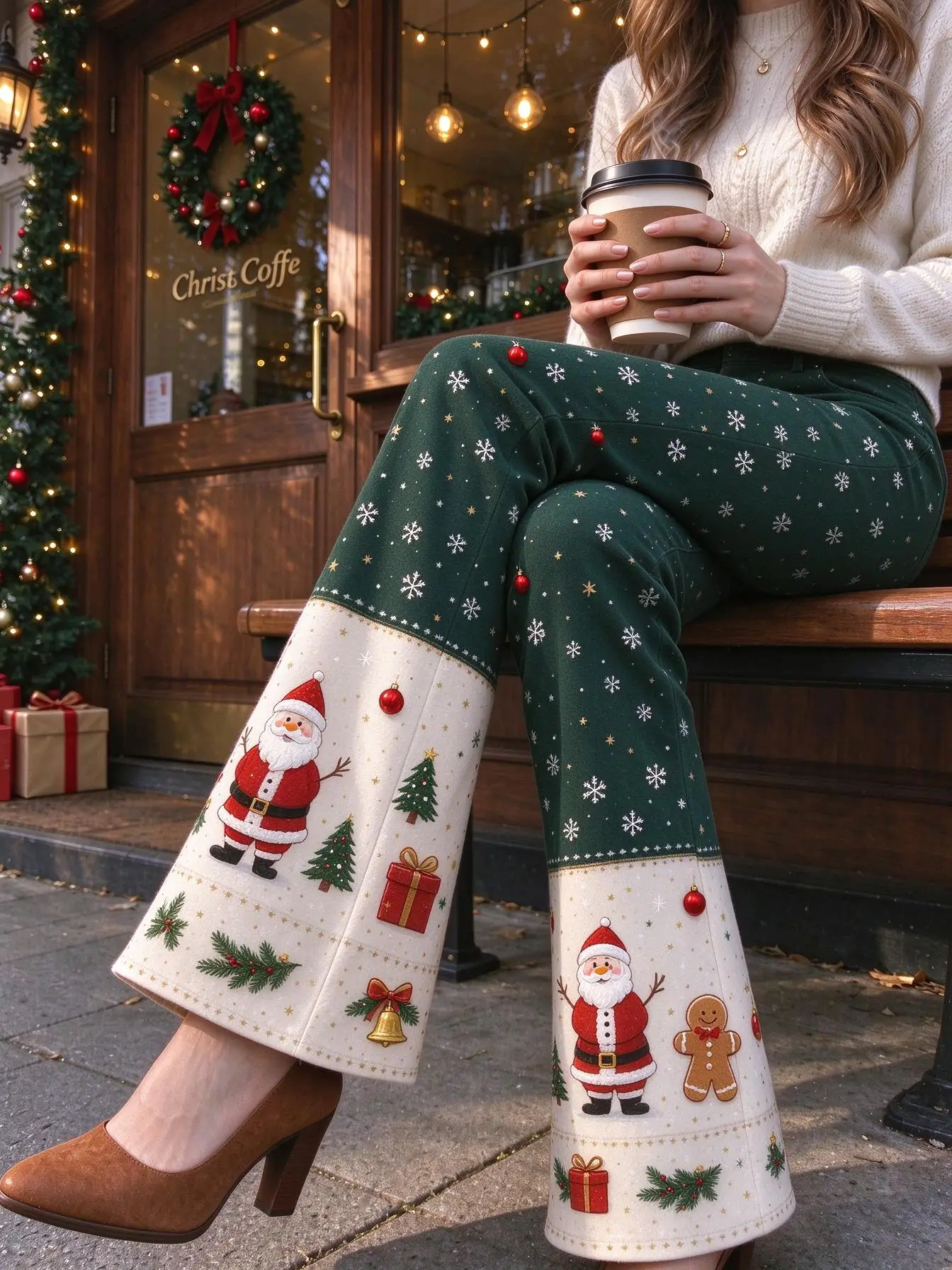 Women Mid-Rise Slim Flared Pants Christmas Brown Snowflake Snowman Xmas Tree Candy Cane Gift Print Stretch Bell Bottoms