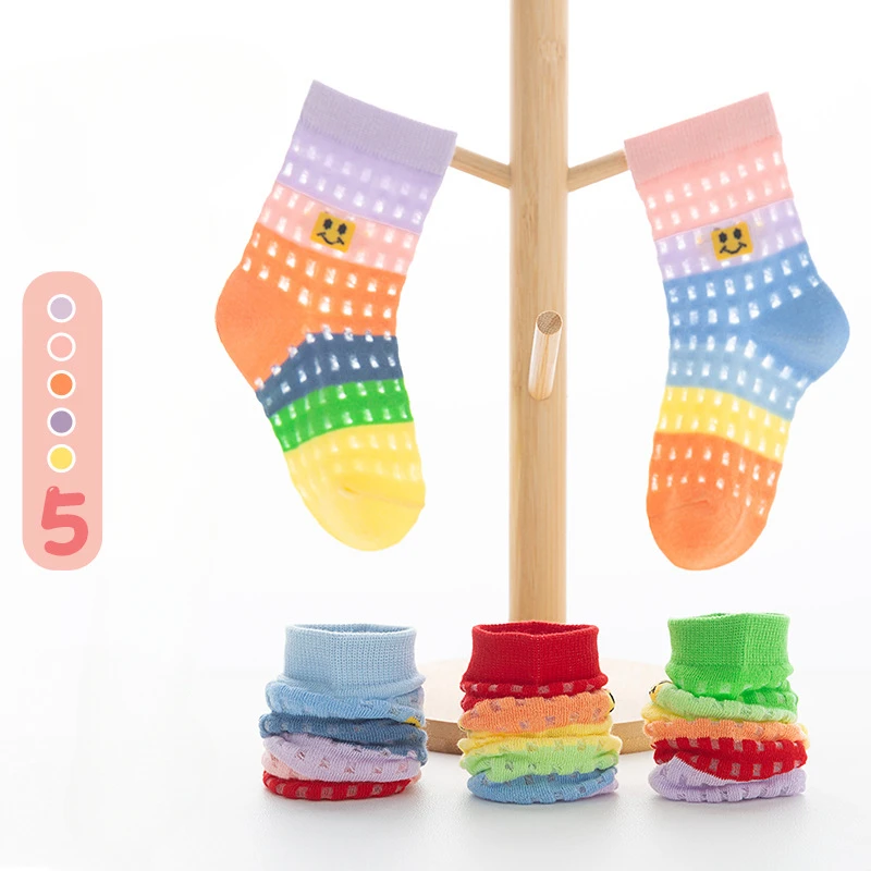 Ten Pairs of Spring and Summer Thin Fashion Trend for Girls Multi-colored Children\'s Rainbow Mesh Breathable Short Socks