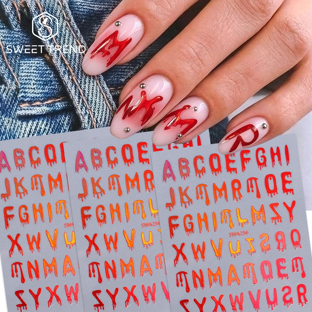 3pcs Laser Red Halloween Blood Drip Letter Nail Sticker Holographic Big Alphabet Number Decal Horror Holiday Party Manicure Tips