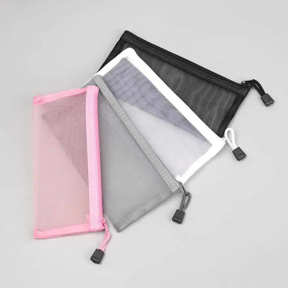 Solid Color Mesh Pencil Case Nylon Mesh Pen Bag Transparent Grid Zipper Cosmetic Storage Bag Office Student School Supplies