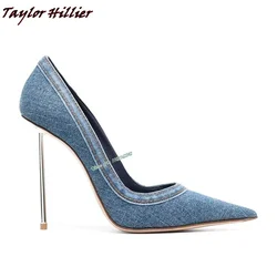 2023 New Autumn Blue Denim Pumps Pointed Toe Metal Heel Shallow Mouth Fashionable And Comfortable Gladiator Women'S Shoes 44