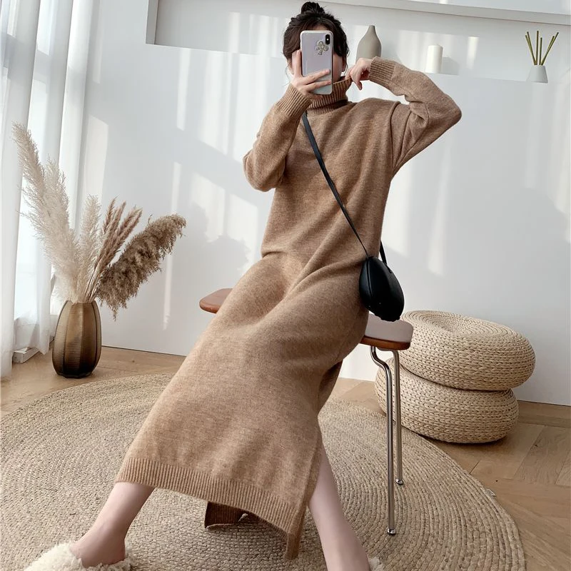 Autumn Winter Turtleneck Knitted Dress Women Elegant Side Slit Chic Long Sleeve Ankle Dress Fashion Korean Solid Casual Dresses