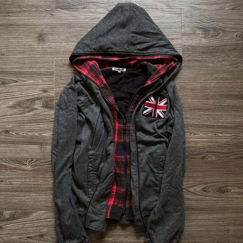 

Американская модная толстовка в клетку в стиле Y2K с молнией, имитирующая двухслойность, с капюшоном, осенне-зимняя, в стиле ретро, для трансграничной торговли