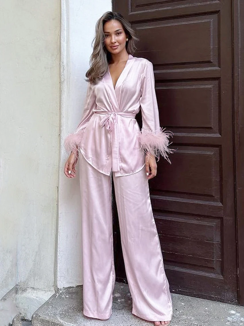 Marthaqiqi Feathers Women Nightwear Set V-Neck Sleepwear Long Sleeve Pajamas Lace Up Nightie Pants Pink Fashion Nightgowns Suits