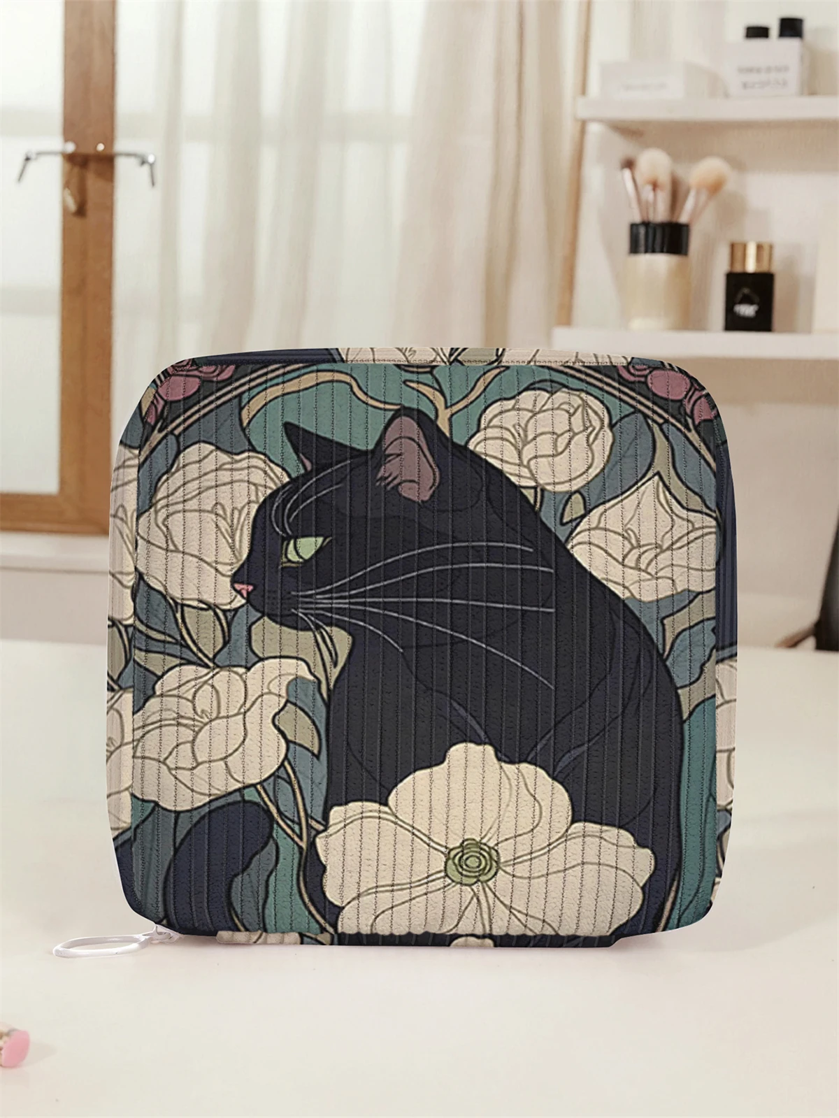 حقيبة تخزين المناديل الصحية المطبوعة بنمط القط والزهور، حقيبة مناديل خفيفة الوزن للنساء، حقيبة مناديل صحية #1