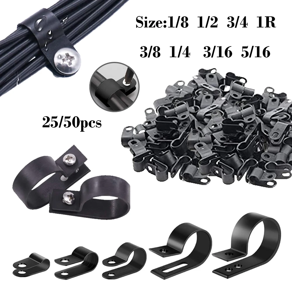 25/50pcs Plastic Cable Clips R-Type Black Hose Fasteners Durables Nylon Clamp Mount Fix Hardware  Fitting Wire Management