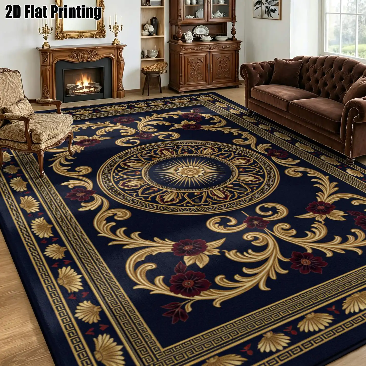 1Pc 2D Printed Carpet: Light Blue & Brown-Red Retro Floral, European/Bohemian Style, Home Decor, Multiple Sizes, Machine Washable, Multi-Scene Use