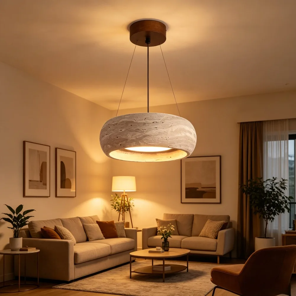 Wabi Sabi Natural Stone Pendant Lamps Travertine Stone Round LED Bedside Hanging Light for Home Dining Room Kitche Island Decora