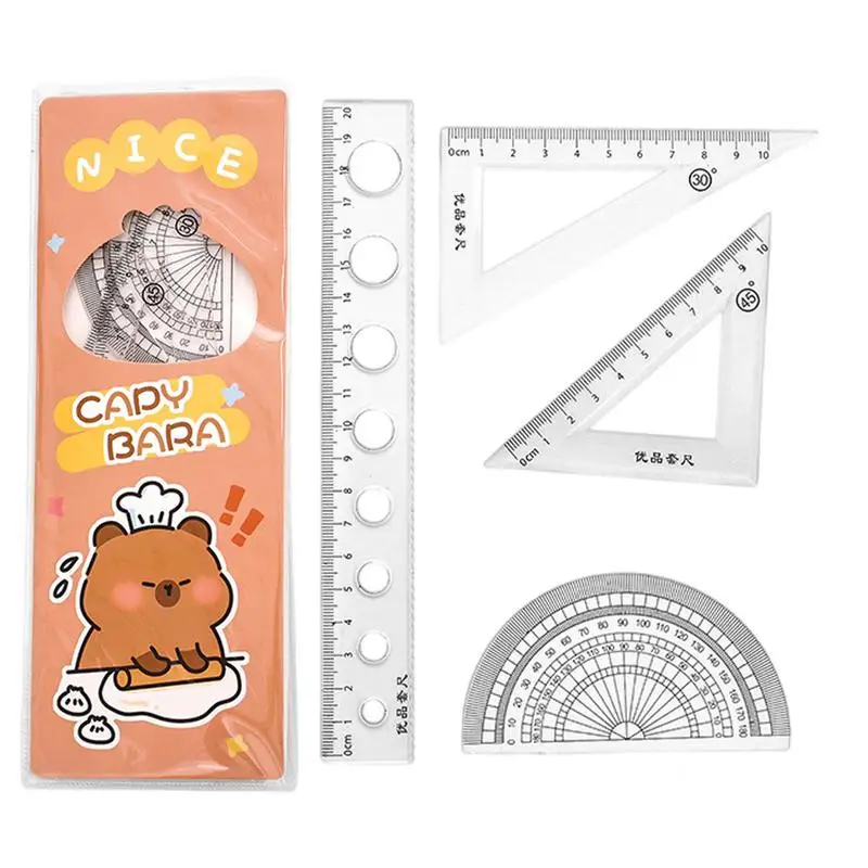 Geometry Kit Cartoon Capybara Ruler Set Portable Cute Capybara Ruler Set Straight Ruler Triangle Ruler Protractor Math Geometry