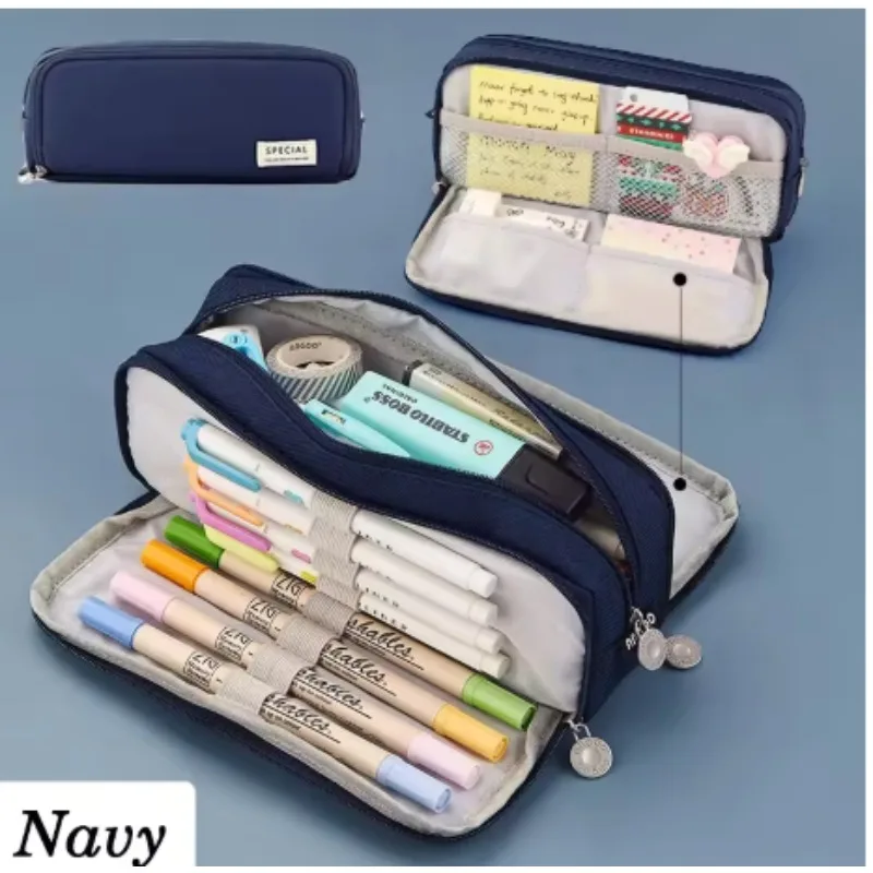 Large Capacity Pencil Case With 3Compartments Double-Sided Opening Pencil Case Student Stationery Organizer Essential For School
