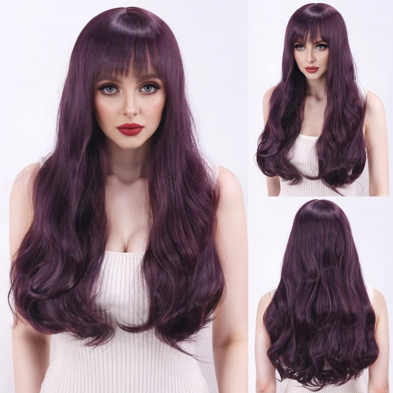 

Women's wig in a milky tea taro color with large waves, suitable for everyday wear, long curly hair, full head cover