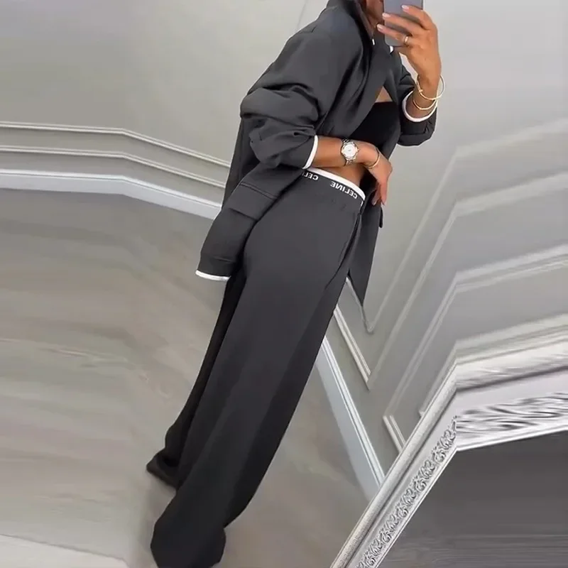 Autumn Casual Women's Suit Set Sexy Turn-down Collar Button Blazer & Straight-leg Pants Set Winter Solid Long Sleeve Chic Outfit