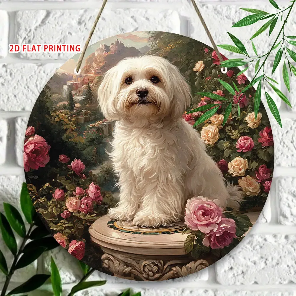 2D Flat - 1pc, Vintage Maltese Dog Round Wooden, Home, Living Room, Garden, Cafe Decor Wooden Wall Decoration - Ideal Holiday Gi