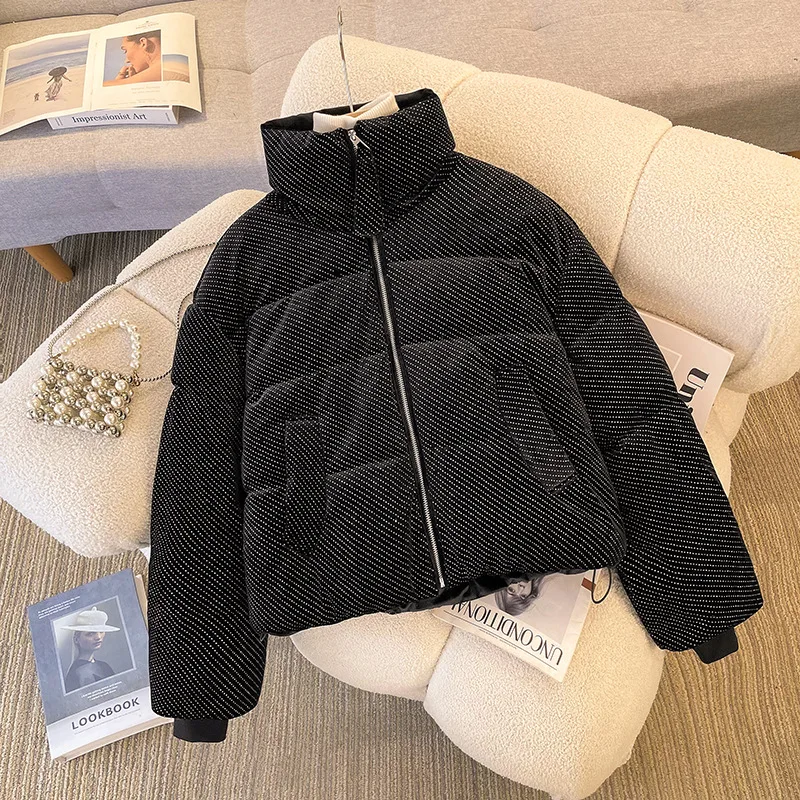 

Winter Stand Collar Cotton Jacket For Women Fashion Solid Color Sequin Thicken Coat American Casual High Street Warm Overcoat