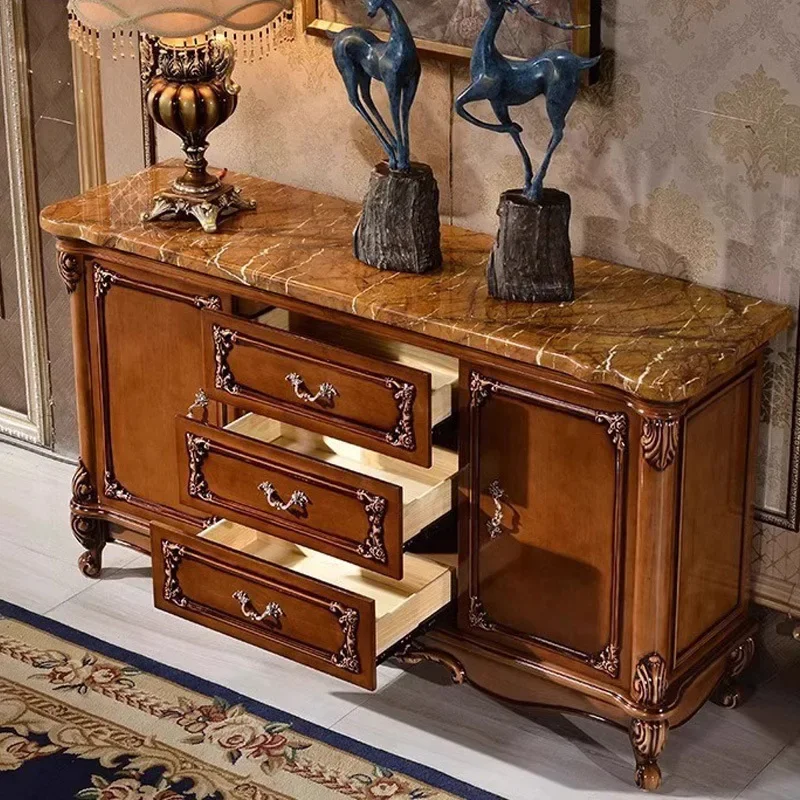 European solid wood carving flower dining side cabinet marble countertop living room entrance tea cabinet retro color storage